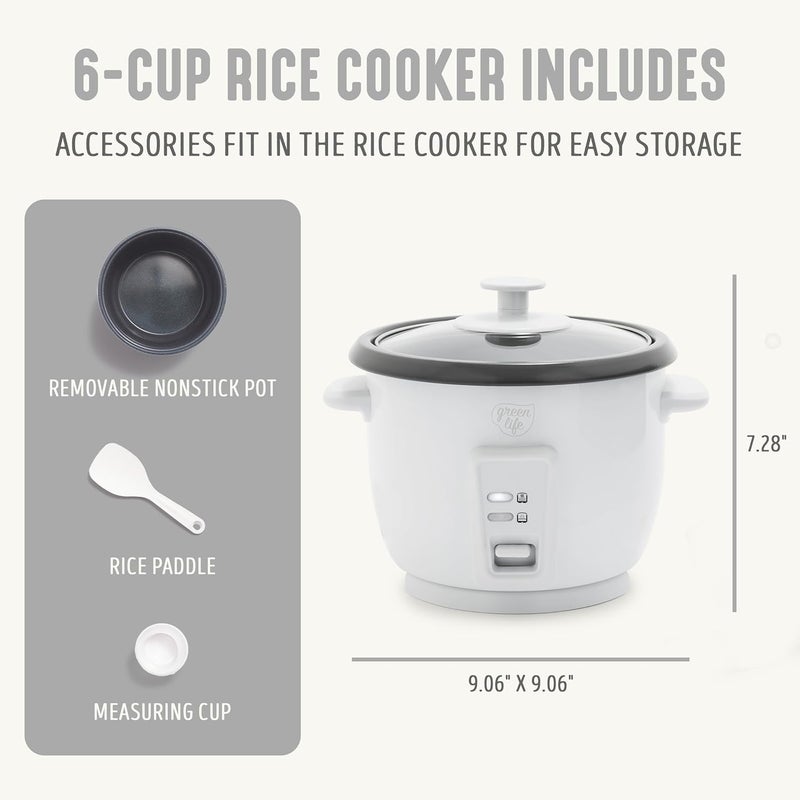 GreenLife Rice Cooker with Removable PFAS-Free Nonstick Pot, 3-Cups Uncooked/6-Cups Cooked, One-Switch Design, Auto Keep Warm Function, Soup, Grains, Oatmeal, Wood Handle, White - Image 2